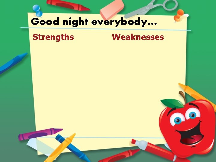 Good night everybody… Strengths Weaknesses 