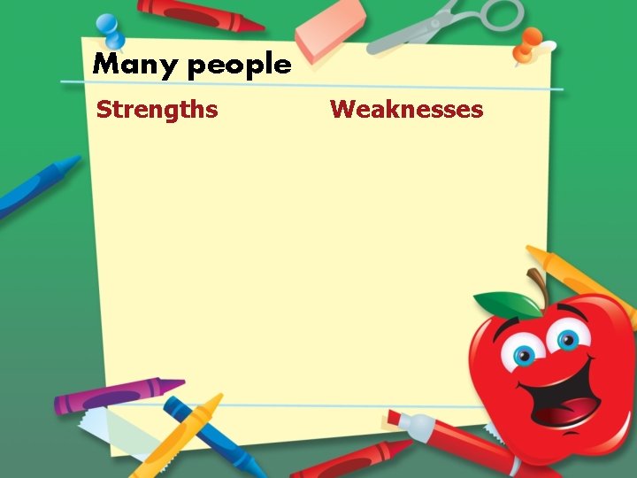 Many people Strengths Weaknesses 