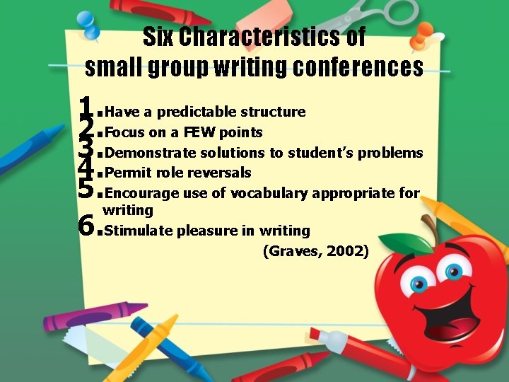 Six Characteristics of small group writing conferences 1. Have a predictable structure 2. Focus