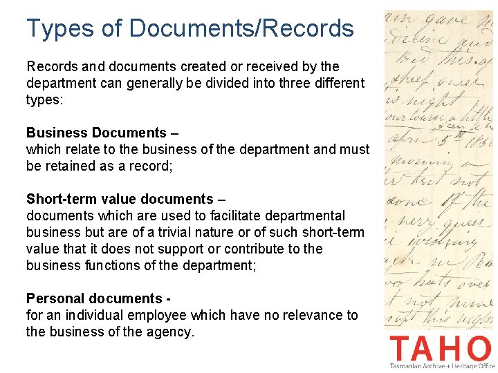 Types of Documents/Records and documents created or received by the department can generally be