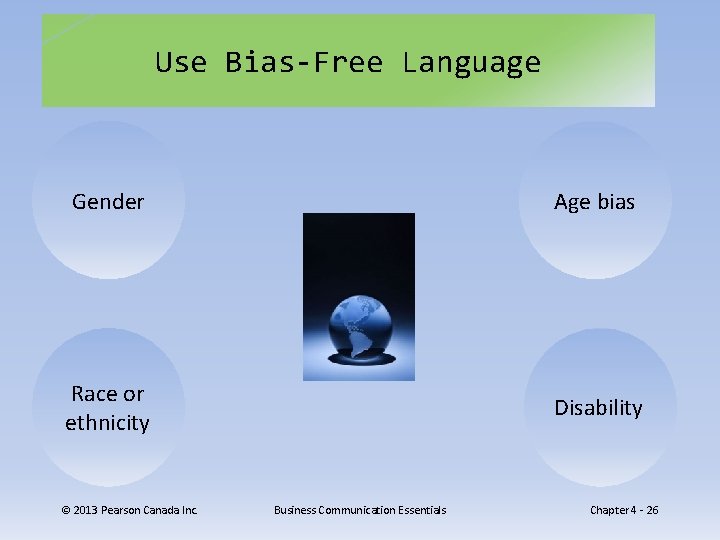 Use Bias-Free Language Gender Age bias Race or ethnicity Disability © 2013 Pearson Canada