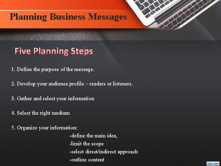 Planning Business Messages Five Planning Steps 1. Define the purpose of the message. 2.