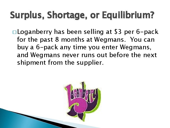 Surplus, Shortage, or Equilibrium? � Loganberry has been selling at $3 per 6 -pack