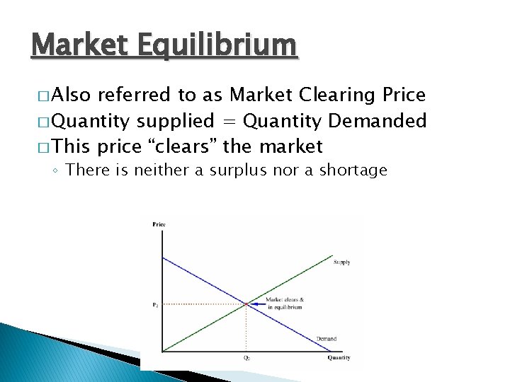 Market Equilibrium � Also referred to as Market Clearing Price � Quantity supplied =