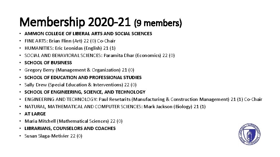 Membership 2020 -21 (9 members) • • • • AMMON COLLEGE OF LIBERAL ARTS