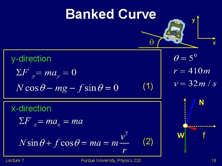 Banked Curve y x y-direction (1) N x-direction (2) Lecture 7 Purdue University, Physics