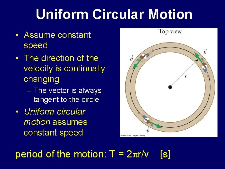 Uniform Circular Motion • Assume constant speed • The direction of the velocity is
