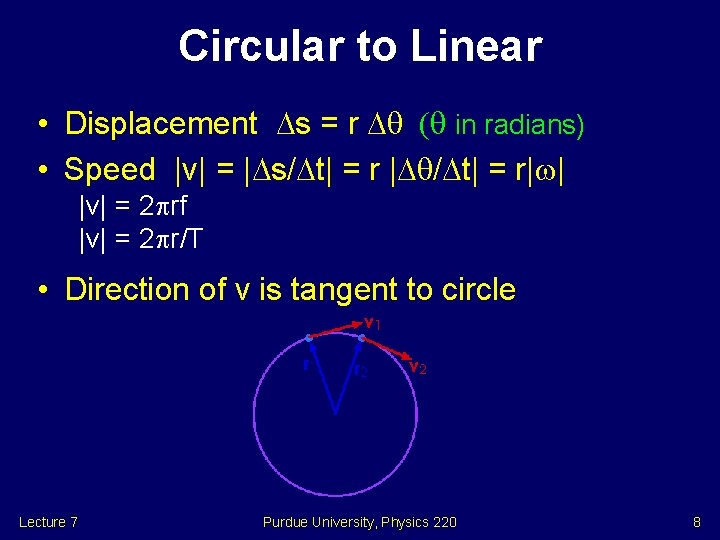 Circular to Linear • Displacement Ds = r D ( in radians) • Speed