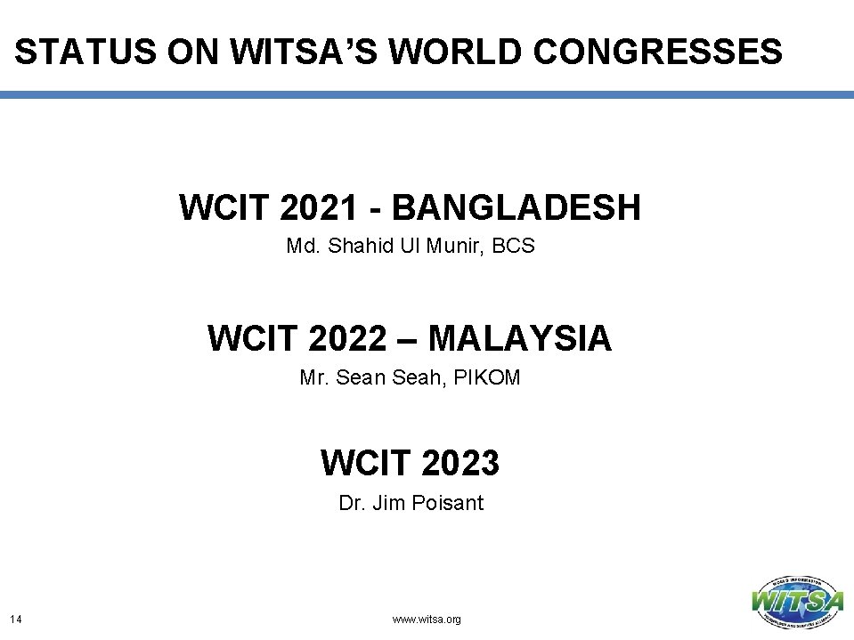 STATUS ON WITSA’S WORLD CONGRESSES WCIT 2021 - BANGLADESH Md. Shahid Ul Munir, BCS