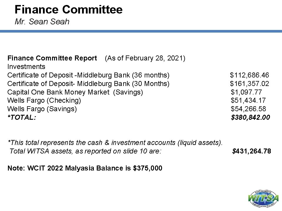 Finance Committee Mr. Sean Seah Finance Committee Report (As of February 28, 2021) Investments