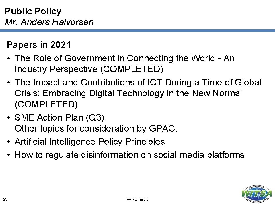 Public Policy Mr. Anders Halvorsen Papers in 2021 • The Role of Government in