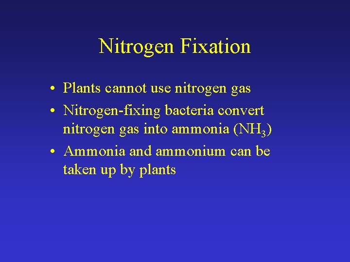 Nitrogen Fixation • Plants cannot use nitrogen gas • Nitrogen-fixing bacteria convert nitrogen gas