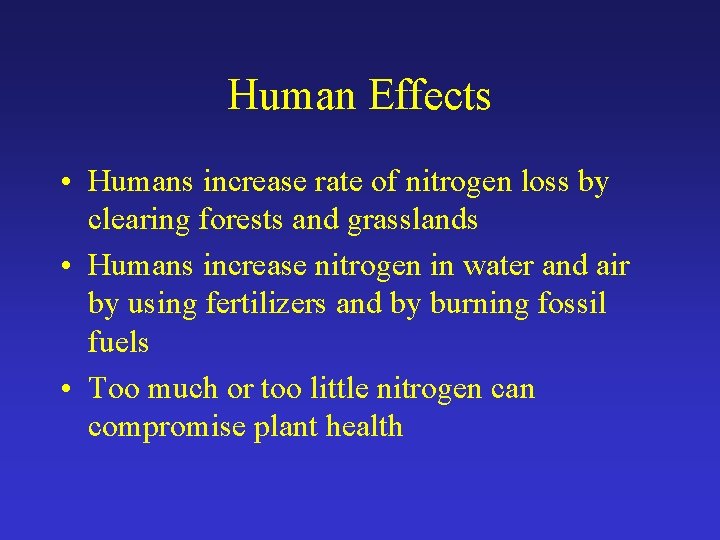 Human Effects • Humans increase rate of nitrogen loss by clearing forests and grasslands