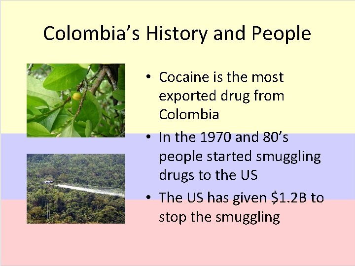 Colombia’s History and People • Cocaine is the most exported drug from Colombia •