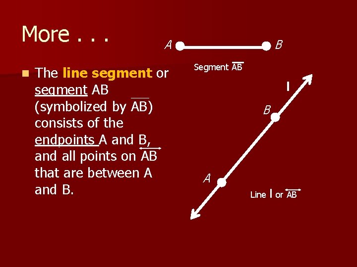 More. . . n A The line segment or segment AB (symbolized by AB)