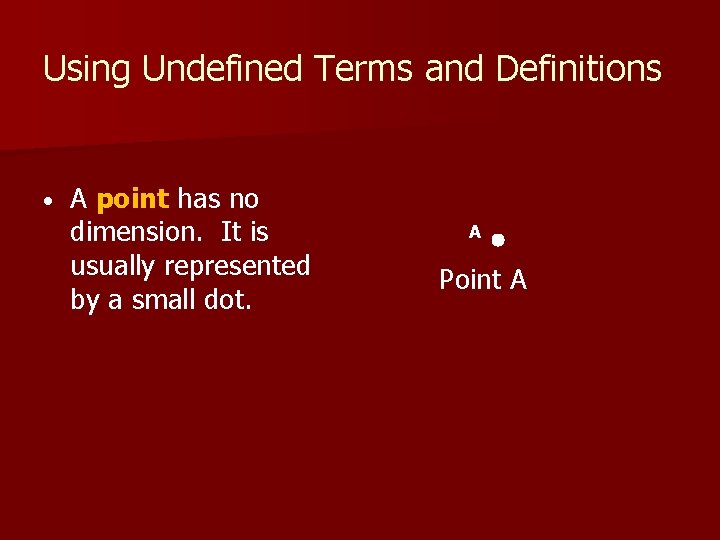 Using Undefined Terms and Definitions • A point has no dimension. It is usually