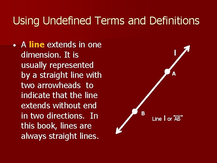 Using Undefined Terms and Definitions • A line extends in one dimension. It is