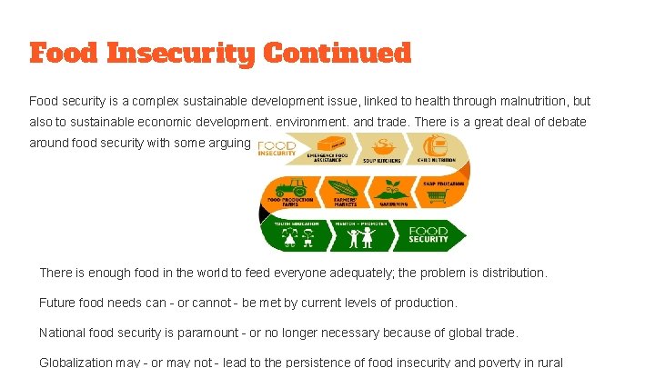 Food Insecurity Continued Food security is a complex sustainable development issue, linked to health