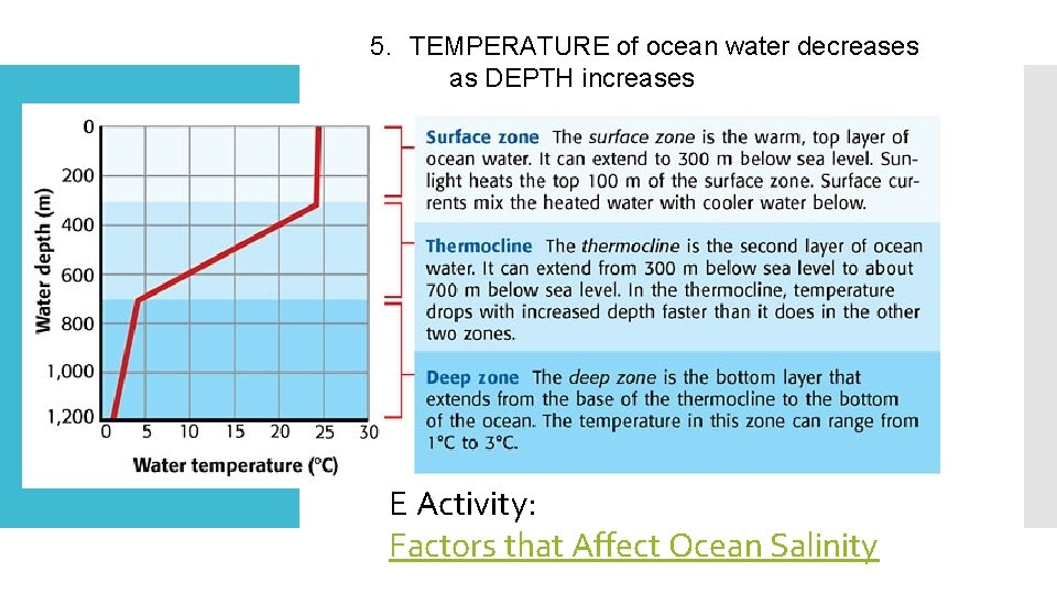 5. TEMPERATURE of ocean water decreases as DEPTH increases E Activity: Factors that Affect