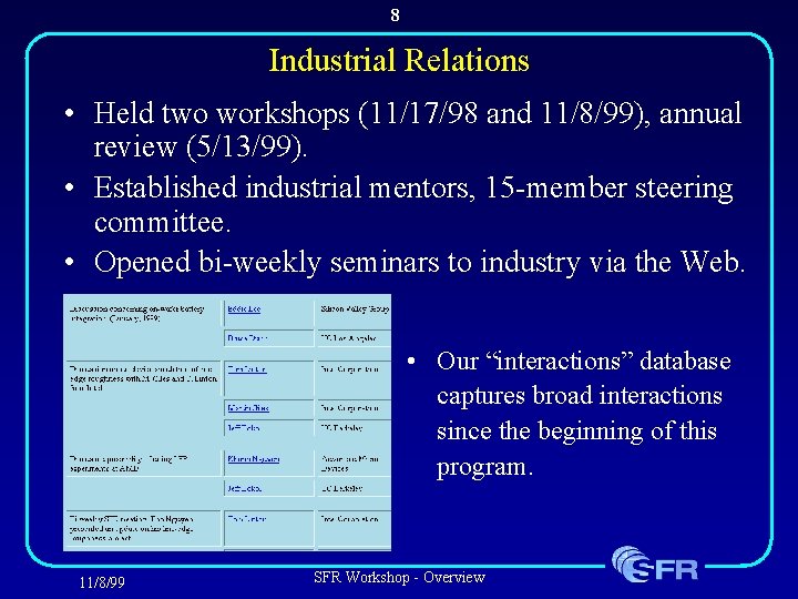 8 Industrial Relations • Held two workshops (11/17/98 and 11/8/99), annual review (5/13/99). •