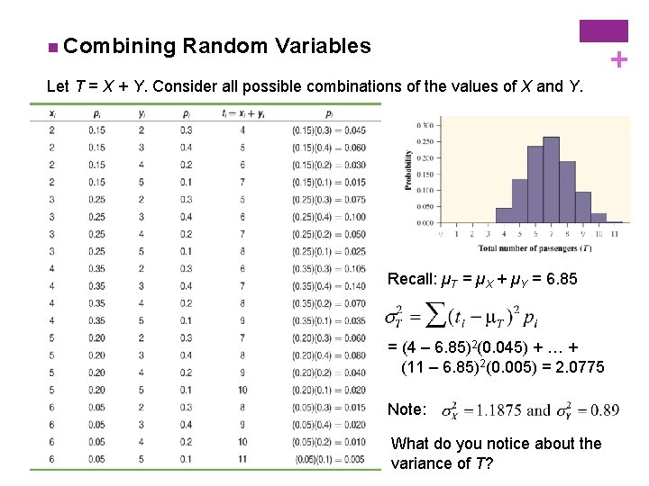 Random Variables + n Combining Let T = X + Y. Consider all possible