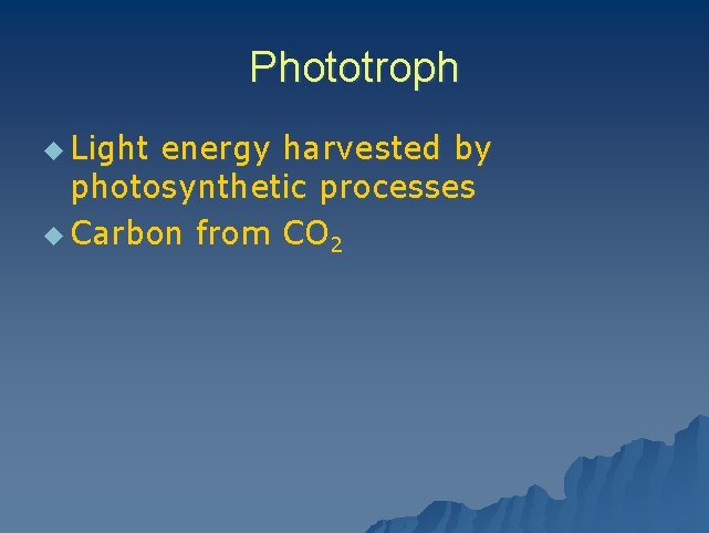 Phototroph u Light energy harvested by photosynthetic processes u Carbon from CO 2 