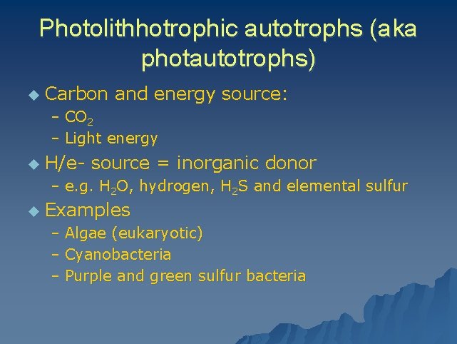 Photolithhotrophic autotrophs (aka photautotrophs) u Carbon and energy source: – CO 2 – Light