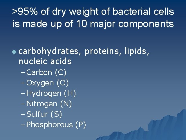 >95% of dry weight of bacterial cells is made up of 10 major components