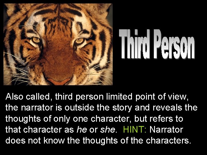 Also called, third person limited point of view, the narrator is outside the story