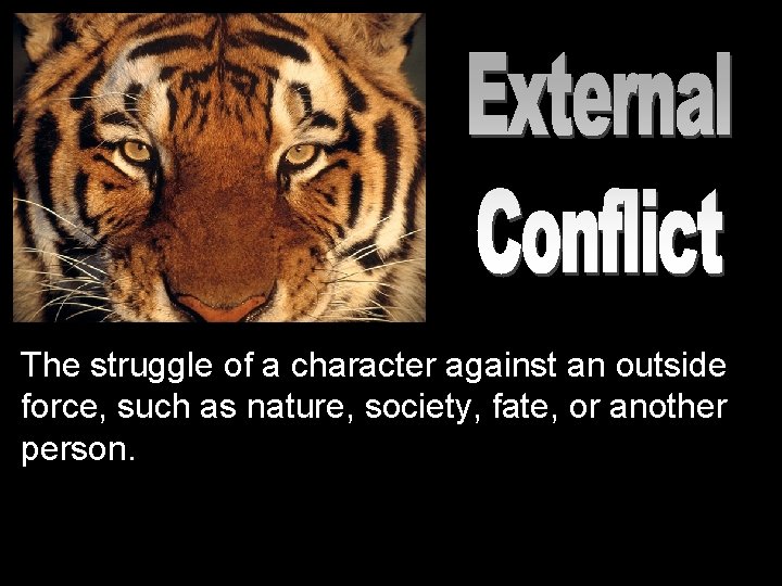 The struggle of a character against an outside force, such as nature, society, fate,