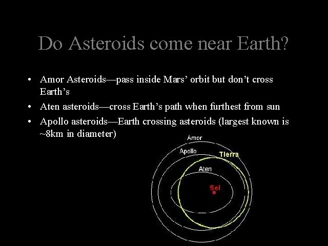 Do Asteroids come near Earth? • Amor Asteroids—pass inside Mars’ orbit but don’t cross