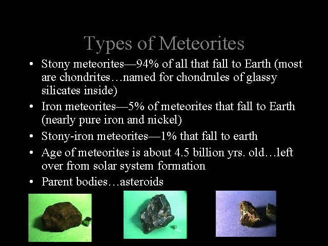 Types of Meteorites • Stony meteorites— 94% of all that fall to Earth (most