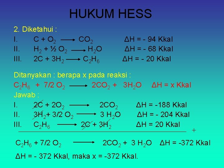 HUKUM HESS 2. Diketahui : I. C + O 2 II. H 2 +