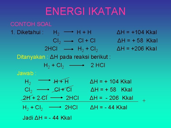 ENERGI IKATAN CONTOH SOAL 1. Diketahui : H 2 H+H ΔH = +104 Kkal