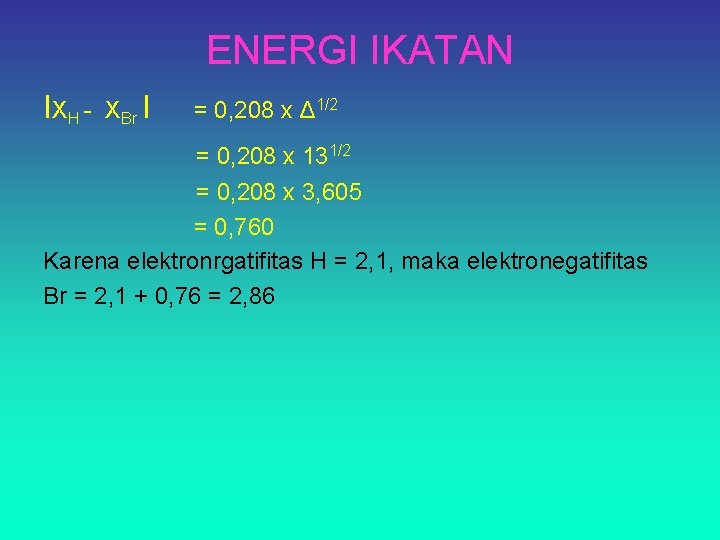 ENERGI IKATAN IXH - XBr I = 0, 208 x Δ 1/2 = 0,