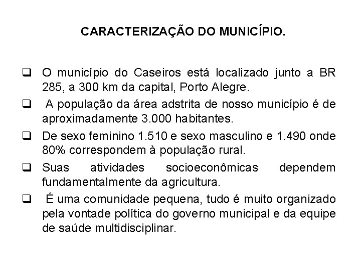 CARACTERIZAÇÃO DO MUNICÍPIO. q O município do Caseiros está localizado junto a BR 285,