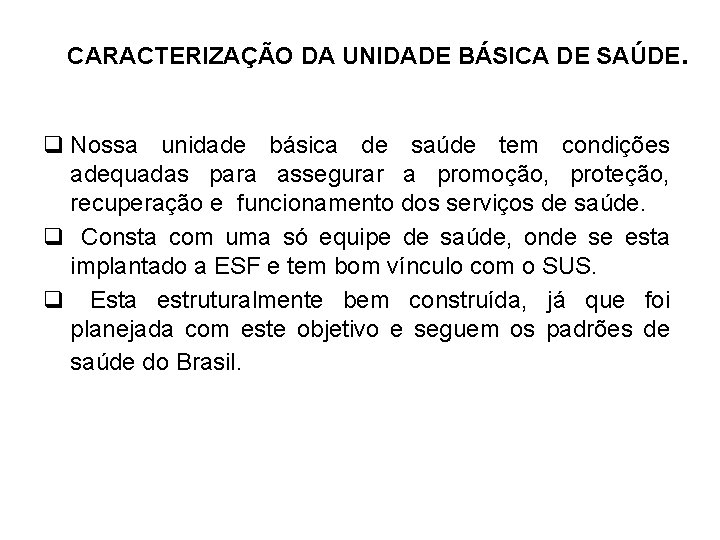 CARACTERIZAÇÃO DA UNIDADE BÁSICA DE SAÚDE. q Nossa unidade básica de saúde tem condições