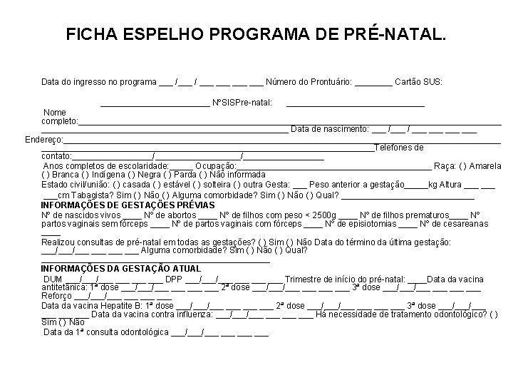 FICHA ESPELHO PROGRAMA DE PRÉ-NATAL. Data do ingresso no programa ___ / ___ ___