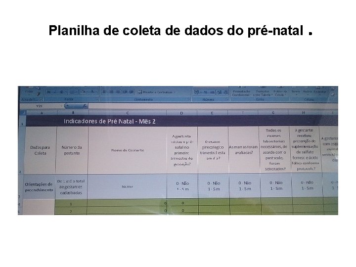 Planilha de coleta de dados do pré-natal . 