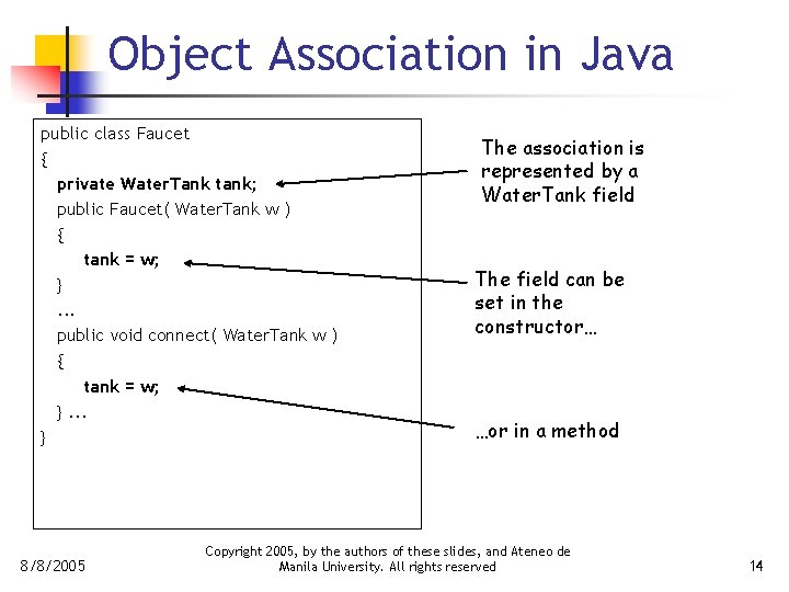 Object Association in Java public class Faucet { private Water. Tank tank; public Faucet(