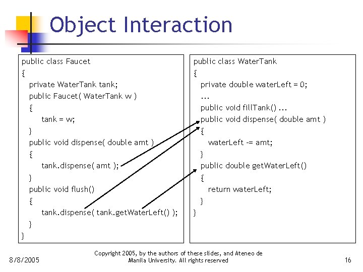 Object Interaction public class Faucet { private Water. Tank tank; public Faucet( Water. Tank