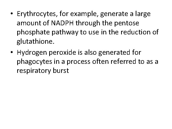  • Erythrocytes, for example, generate a large amount of NADPH through the pentose