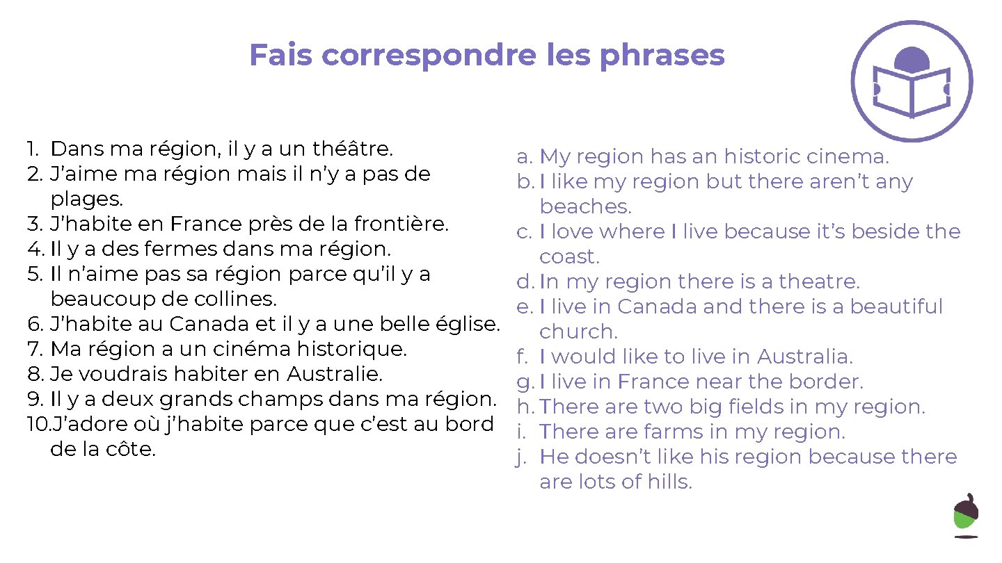 Fais correspondre les phrases 1. Dans ma région, il y a un théâtre. 2.