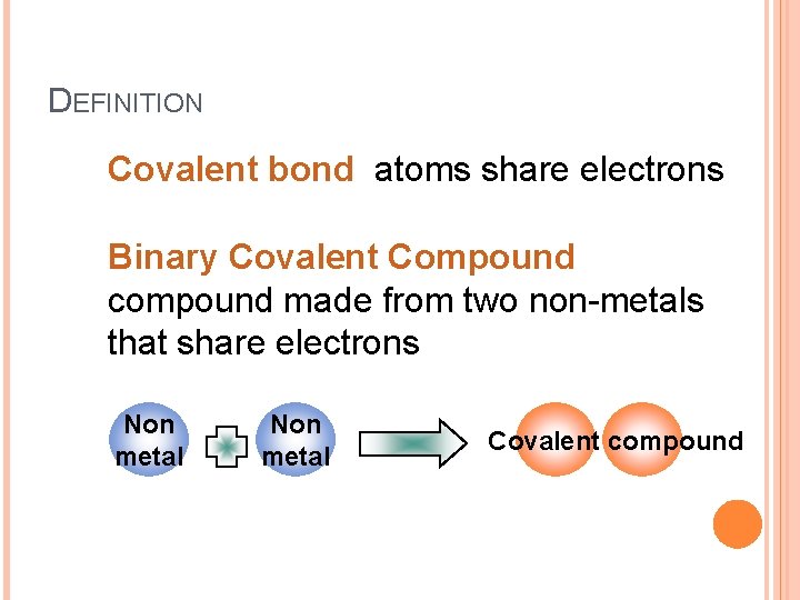 DEFINITION Covalent bond atoms share electrons Binary Covalent Compound compound made from two non-metals