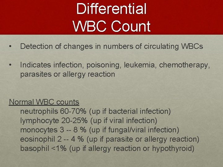 Differential WBC Count • Detection of changes in numbers of circulating WBCs • Indicates Differential WBC Count • Detection of changes in numbers of circulating WBCs • Indicates