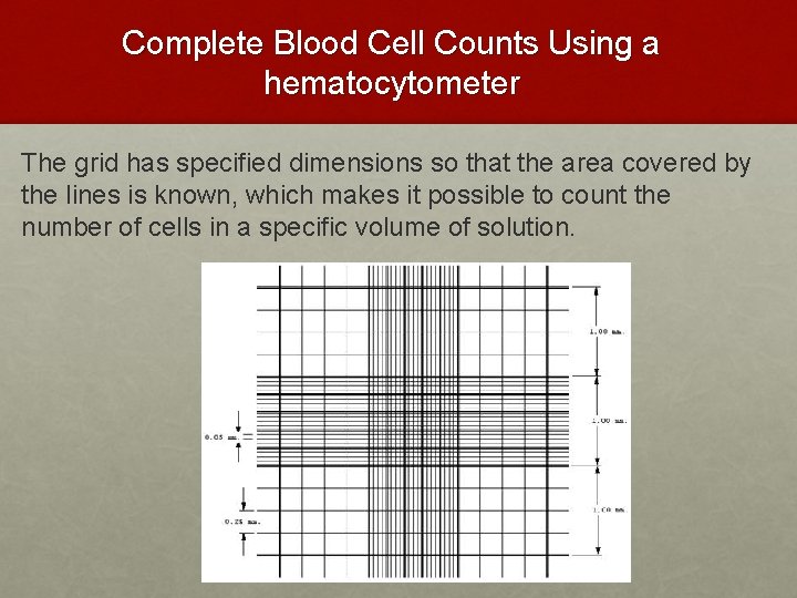Complete Blood Cell Counts Using a hematocytometer The grid has specified dimensions so that Complete Blood Cell Counts Using a hematocytometer The grid has specified dimensions so that