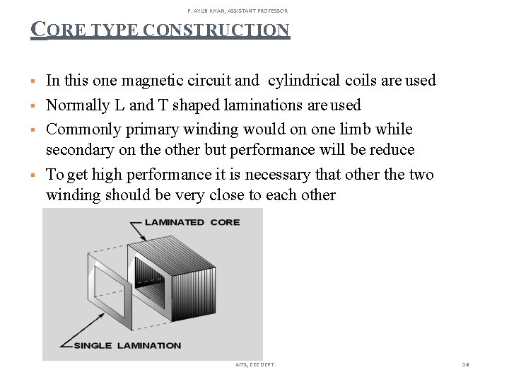 P. AYUB KHAN, ASSISTANT PROFESSOR CORE TYPE CONSTRUCTION In this one magnetic circuit and