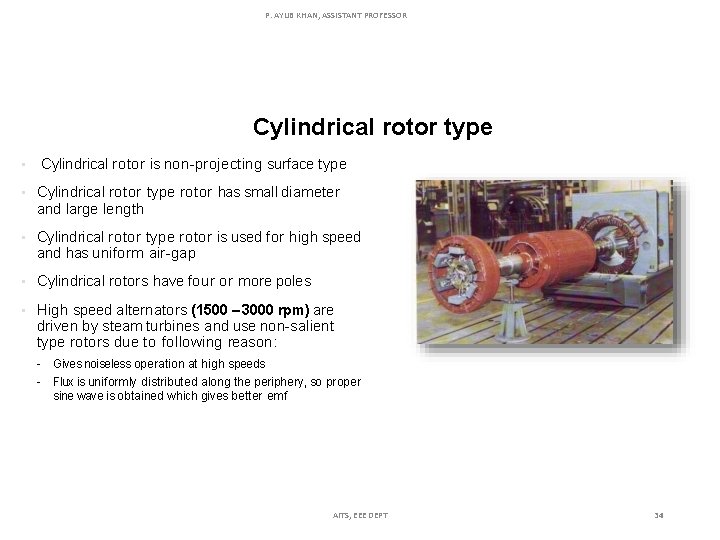 P. AYUB KHAN, ASSISTANT PROFESSOR Cylindrical rotor type Cylindrical rotor is non-projecting surface type