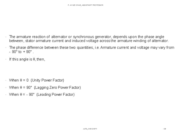 P. AYUB KHAN, ASSISTANT PROFESSOR • The armature reaction of alternator or synchronous generator,