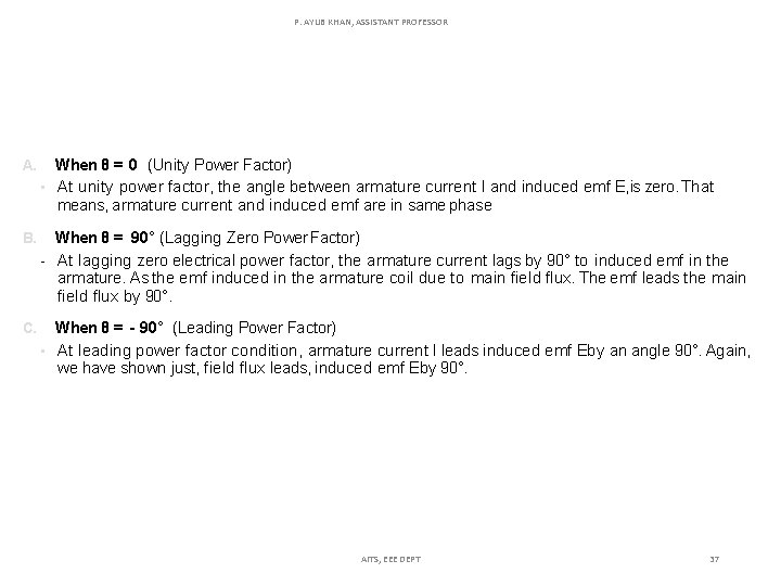 P. AYUB KHAN, ASSISTANT PROFESSOR A. When θ = 0 (Unity Power Factor) •